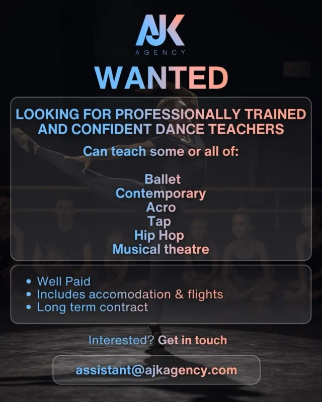 🌍 DANCE TEACHERS WANTED 

Ready for a new adventure?

We’re excited to be recruiting talented dance teachers on behalf of one of the largest and most established dance schools.

This is an incredible opportunity to live and work overseas, inspire the next generation of dancers, and become part of a thriving international dance community.

✨ Amazing Salary ✨ Flights included ✨ 10-month contract (starting late August) ✨ Opportunity to extend ✨ Supportive and growing team ✨ Teach across 18 locations with over 600 students

We are looking for professionally trained teachers with experience in some or all of the following:

🩰 Ballet 🤸 Acro 🎭 Musical Theatre 👟 Hip Hop 💃 Contemporary 🎶 Tap

This is more than just a teaching job. It’s an opportunity to gain international experience, develop your career, build lifelong connections, and potentially open the door to future opportunities within a rapidly expanding organisation.

Interested?

Please send:
 • Professional CV (including teaching qualifications and experience) • Professional performance credits • Headshot • Showreel

📧 assistant@ajkagency.com

Tag a dance teacher who would love this opportunity 👇

.
.
.
.

#AJKAgency #DanceTeacher #DanceJobs #DanceOpportunity #TeachingAbroad